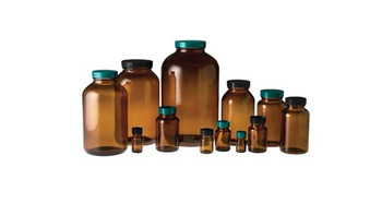 4oz (120ml) Amber Wide Mouth Packer with 38-400 Green Thermoset F217 & PTFE Lined Cap attached, 24-Case