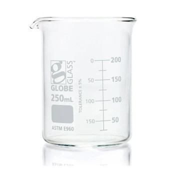 Beaker, Globe Glass, 250mL, Low Form Griffin Style, Dual Graduations, ASTM E960, 12-pk