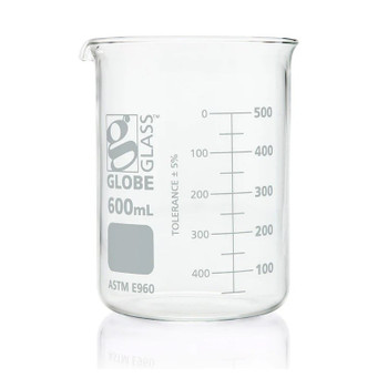 Beaker, Globe Glass, 600mL, Low Form Griffin Style, Dual Graduations, ASTM E960, 6-pk