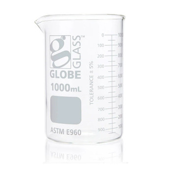 Beaker, Globe Glass, 1000mL, Low Form Griffin Style, Dual Graduations, ASTM E960, 6-pk