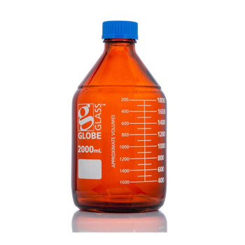 2000mL Amber Media Bottle, Globe Glass, GL45 Screw Cap, Dual Graduations, 10-pk