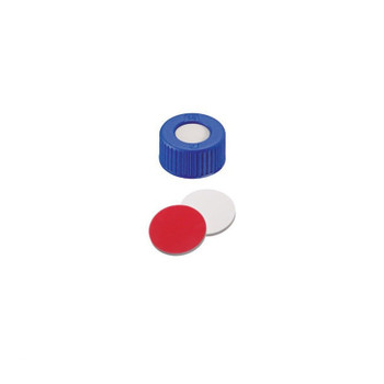9mm Screw Caps, Blue Polypropylene, White Silicone/Blue PTFE, Pre-Slit, 100-pk