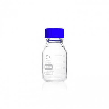 DURAN® Laboratory Bottle GL 45, Protect coated Clear, with screw cap and pouring ring from PP (blue), 250mL, 10-pk