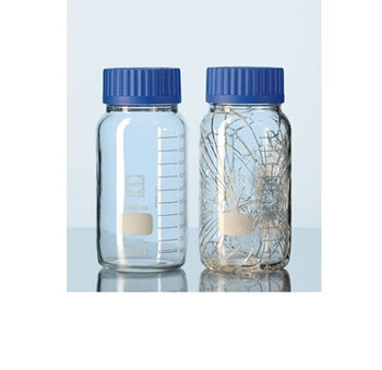 DURAN® Laboratory Bottle Wide Mouth GLS 80®, Protect coated Clear, with screw cap and pouring ring from PP (blue), 500mL