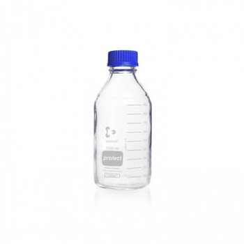 DURAN® Laboratory Bottle GL 45, Protect coated Clear, with screw cap and pouring ring from PP (blue), 1,000mL, 10-pk