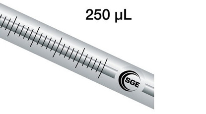250 μL fixed needle syringe with GT plunger and 5 cm 0.5 mm OD bevel tipped needle, each