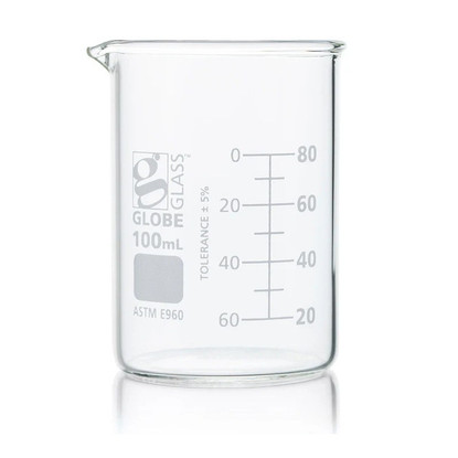 Beaker, Globe Glass, 100mL, Low Form Griffin Style, Dual Graduations, ASTM E960, 12-pk