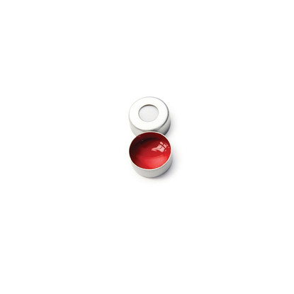 Silver, Aluminum, SureSTART 11 mm Crimp Caps, White Silicone/Red PTFE, 100-pk