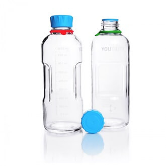 DURAN® YOUTILITY® Laboratory Bottle GL 45 Clear, with screw cap and pouring ring from PP, 1,000mL, 4-pk