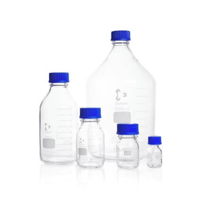 DURAN® Original GL 45 Laboratory Bottle, clear, with screw cap and pouring ring, PP, blue, 500mL, 10-pk
