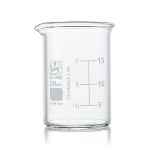 20mL Beaker, Globe Glass, Low Form Griffin Style, 48-Case