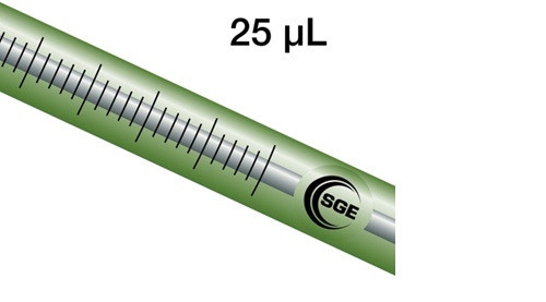 25 μL fixed needle CTC syringe with GT plunger and 5.1 cm 0.72 mm OD LC needle (8 mm OD barrel), each