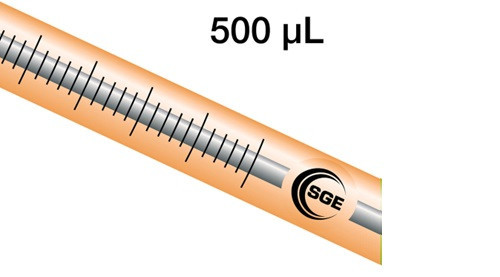 500 μL fixed Luer Lock syringe with GT plunger and plunger stop, each