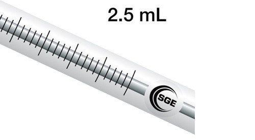 2.5 mL fixed needle syringe with GT plunger and 5 cm 0.72 mm OD bevel tipped needle, each