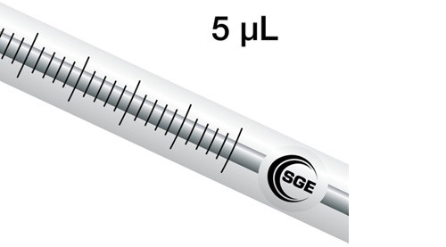 5 μL fixed needle syringe with 5 cm 0.47 mm OD bevel tipped needle, each