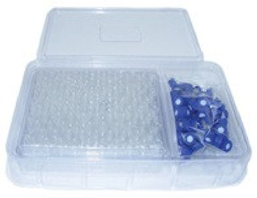 9mm Clear Screw Top Vial Kit w/ Blue Cap, Pre-Slit Septa, PTFE/Silicone, Writing Patch, 100-pk