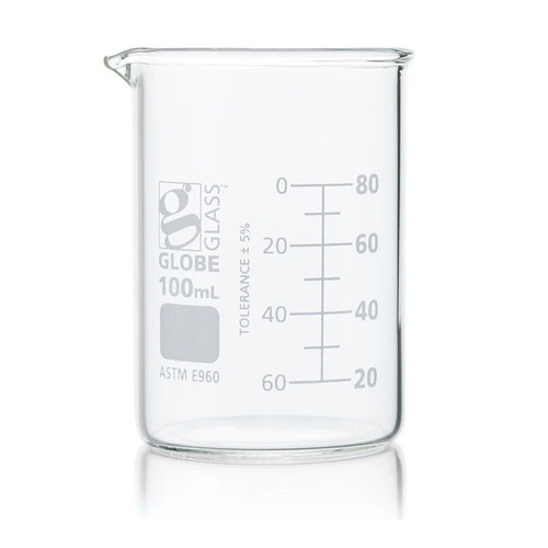 Beaker, Globe Glass, 100mL, Low Form Griffin Style, Dual Graduations, ASTM E960, 12-pk