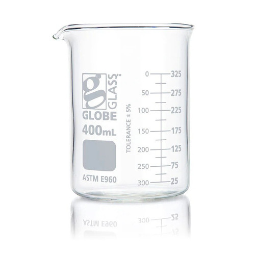Beaker, Globe Glass, 400mL, Low Form Griffin Style, Dual Graduations, ASTM E960, 12-pk