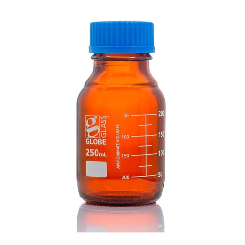 250mL Amber Media Bottle, Globe Glass, GL45 Screw Cap, Dual Graduations, 10-pk