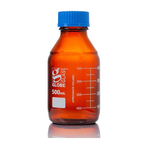 500mL Amber Media Bottle, Globe Glass, GL45 Screw Cap, Dual Graduations, 10-pk