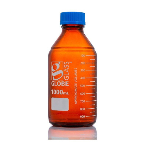 1000mL Amber Media Bottle, Globe Glass, GL45 Screw Cap, Dual Graduations, 10-pk