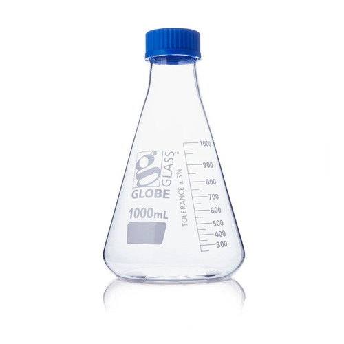 Erlenmeyer Flask, 1000mL, Globe Glass, Screw Cap, 4-pk