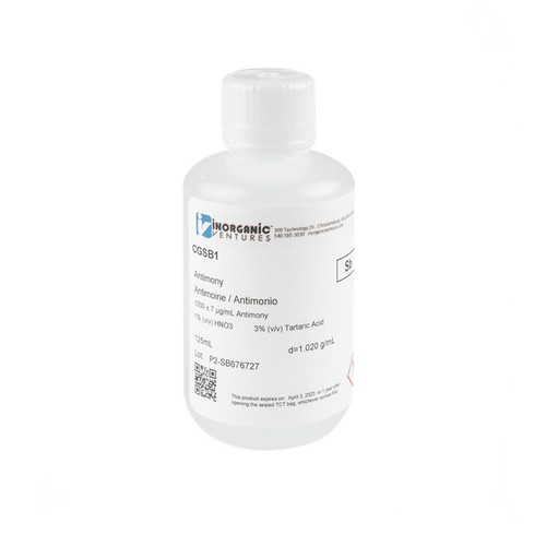 1000 ppm (µg/mL) Antimony for ICP, 1% v/v Nitric Acid / 3% v/v Tartaric Acid, 125mL