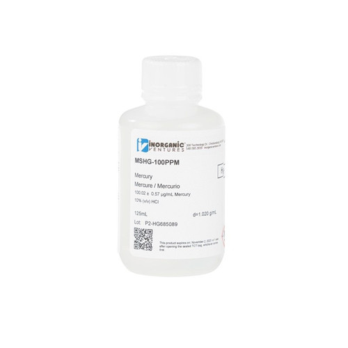 100 ppm (µg/mL) Mercury for ICP-MS, in HCl, 125mL