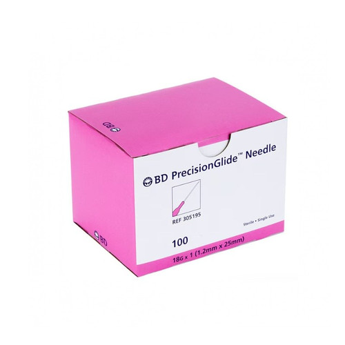 Becton Dickinson BD PrecisionGlide Hypodermic Needles, 18ga, 1in, Polypropylene Pink Needle, Sterile, without Safety, 1000-cs
