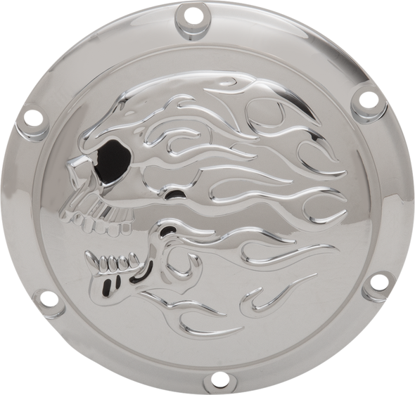 DRAG SPECIALTIES Flaming Skull Derby Cover - Chrome D33-0113FSKC