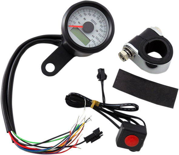 DRAG SPECIALTIES 1-7/8" Programmable Speedometer with Indicator Lights - Gloss Black - 120 MPH LED White Face 77902W