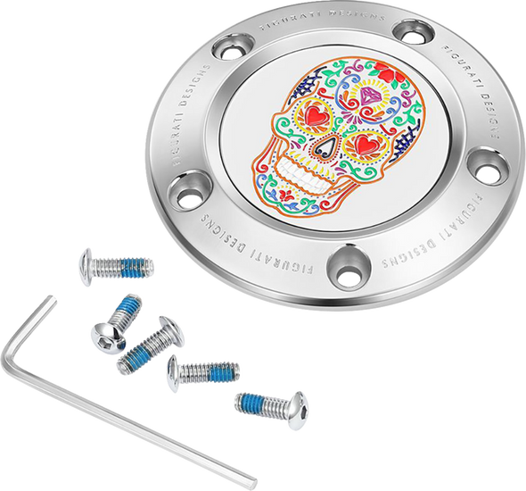 FIGURATI DESIGNS Timing Cover - 5 Hole - Sugar Skull - Polished - Stainless Steel FD30-TC-5H-SS