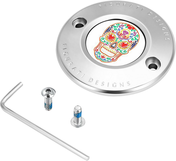 FIGURATI DESIGNS Timing Cover - 2 Hole - Sugar Skull - Polished - Stainless Steel FD30-TC-2H-SS