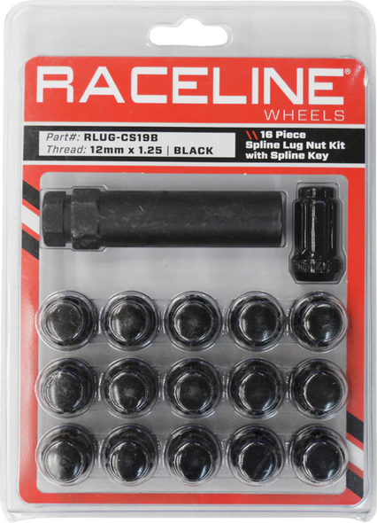 RACELINE WHEELS Lug Nuts - Spline Socket - 12 mm x 1.25 - with Spline Key - Black - 16 Pack RLUG-CS19B