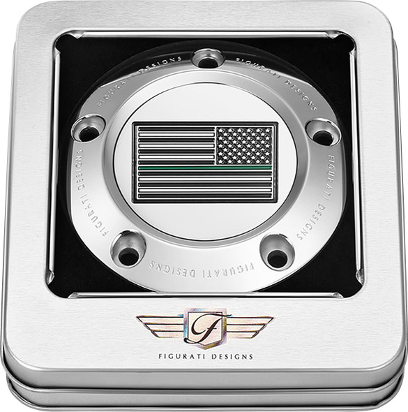  FIGURATI DESIGNS Timing Cover - 5 Hole - Green Line American Flag - Stainless Steel FD72-TC-5H-SS 