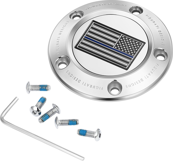 FIGURATI DESIGNS Timing Cover - 5 Hole - Blue Line American Flag - Stainless Steel FD70-TC-5H-SS