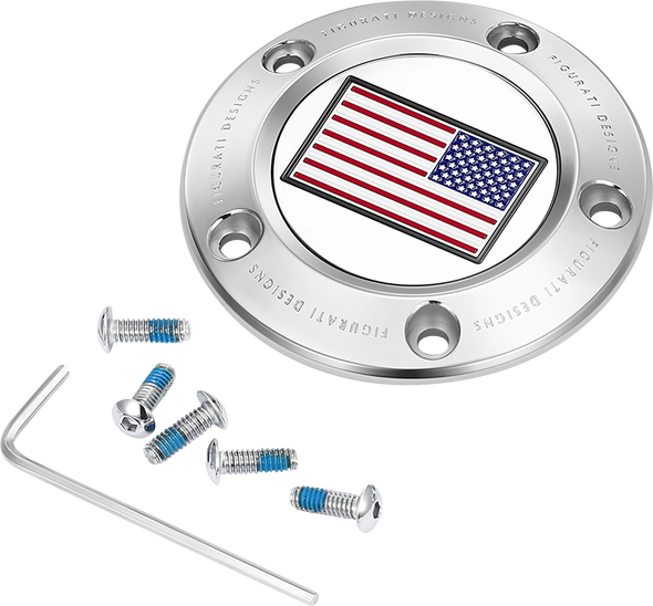 FIGURATI DESIGNS Timing Cover - 5 Hole - American Flag - Reversed - Stainless Steel FD20-TC-5H-SS