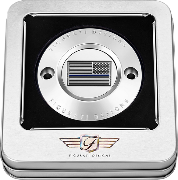 FIGURATI DESIGNS Timing Cover - 2 Hole - Blue Line American Flag - Stainless Steel FD70-TC-2H-SS
