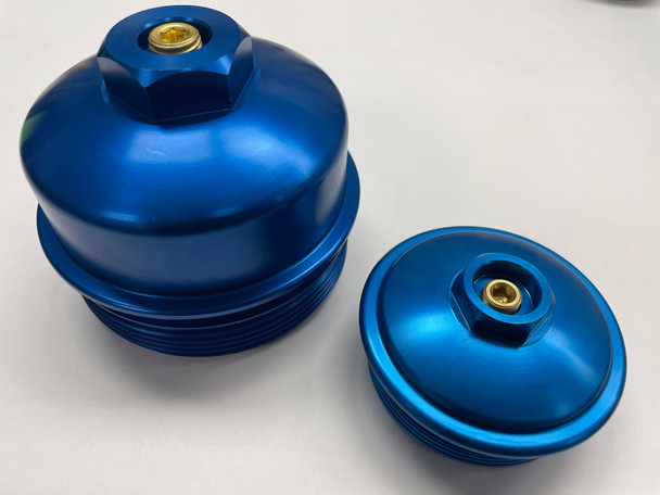 6.0L Ford Powerstroke - Blue Aluminum Fuel Filter Cap & Oil Filter Cap