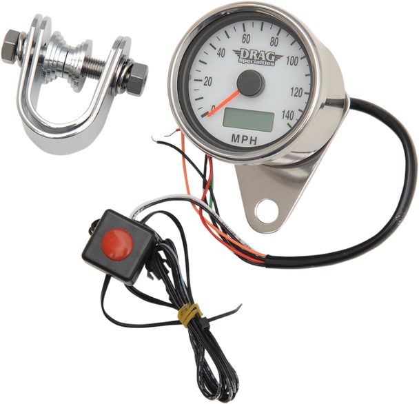 DRAG SPECIALTIES 2.4" MPH Programmable Mini Electronic Speedometer with Odometer/Tripmeter - Polished - White Face 21-6893DSWNU