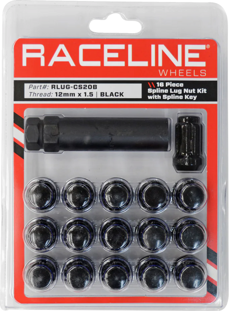 RACELINE WHEELS Lug Nuts - Spline Socket - 12 mm x 1.5 - with Spline Key - Black - 16 Pack RLUG-CS20B