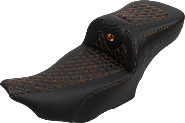 SADDLEMEN Roadsofa* Extended Reach Seat - with Backrest - Honeycomb - Orange Stitch - FLTR/FLHX '23-'24 823-07-190B3
