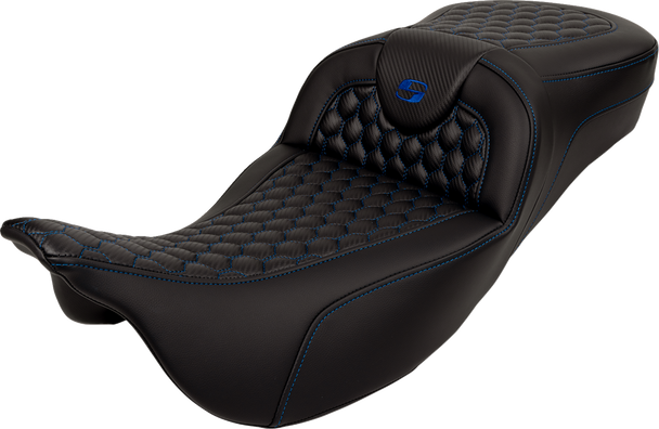 SADDLEMEN RoadSofa* Seat - Honeycomb - Blue Stitch - Extended Reach - without Backrest - FLH/FLT '08-'23 808-07B-19001