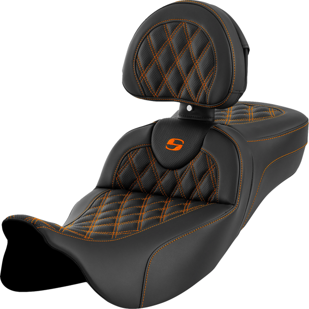 SADDLEMEN Roadsofa* Extended Reach Seat - Lattice Stitch - Orange Stitch - with Backrest - FL '08-'23 808-07B-184B3
