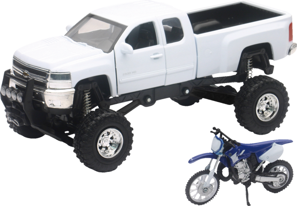 NEW RAY TOYS Chevrolet Silverado Offroad Pick Up w/ Yamaha Dirt Bike - 1:32 Scale - White/Black/Blue SS-54416