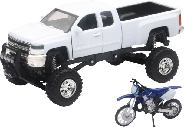  NEW RAY TOYS Chevrolet Silverado Offroad Pick Up w/ Yamaha Dirt Bike - 1:32 Scale - White/Black/Blue SS-54416 