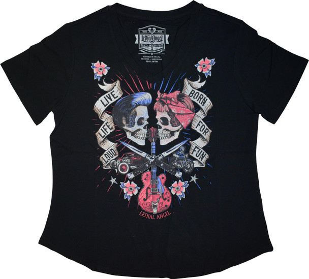  LETHAL THREAT Women's Speed & Sound V-Neck T-Shirt - Black - Large LA70200L 