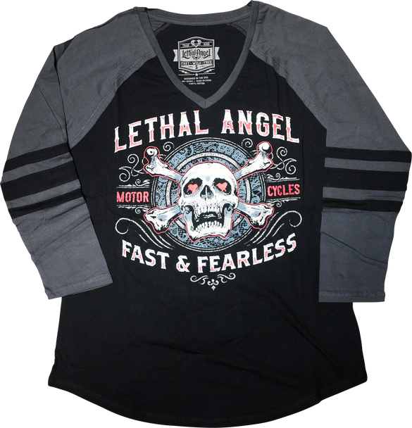 LETHAL THREAT Women's Fast & Fearless Raglan Sleeve Shirt - Black/Gray - 3XL LA70203-3X