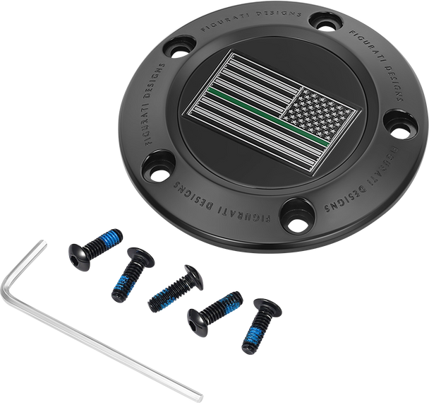 FIGURATI DESIGNS Timing Cover - 5 Hole - Green Line American Flag - Black FD72-TC-5H-BLK