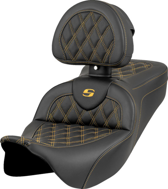  SADDLEMEN Roadsofa* Seat - Lattice Stitch - Gold Stitch - w/ Backrest - FL '08-'23 808-07B-182B7 